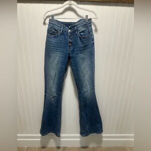 Altar'd State pin tuck waist button fly Classic Blue Flared Women's Jeans Sz 26